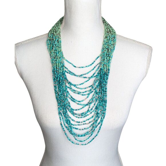 Unknown Jewelry - Turquoise String Bead Multi Strand Waterfall Necklace 16" Boho Indie Southwest